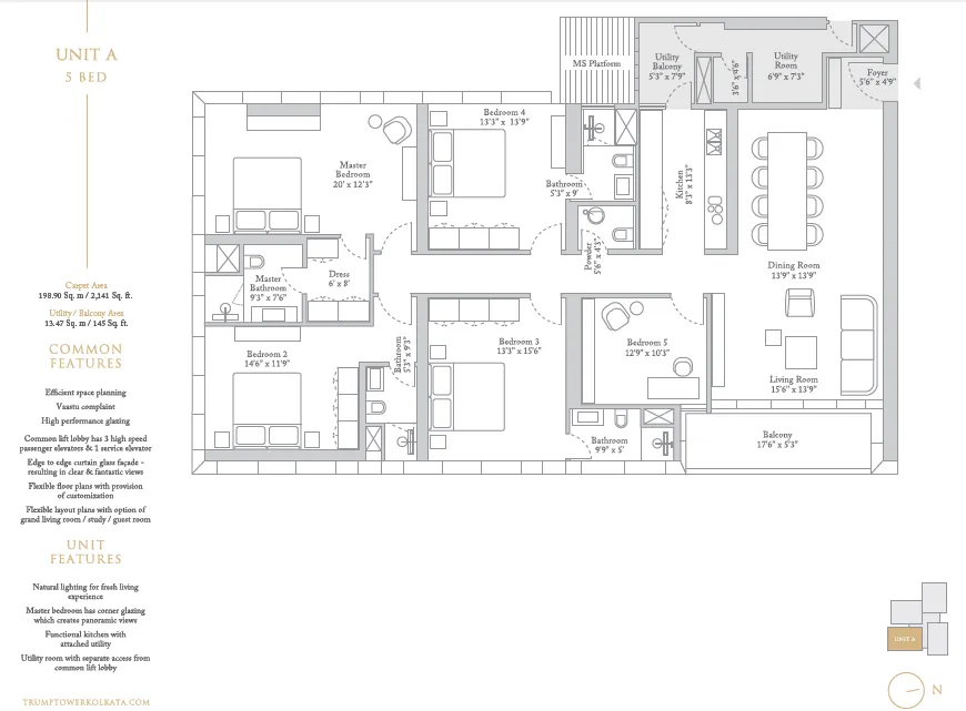 Trump Tower Kolkata 5 BHK floor plan Unit A, 2141 sq ft